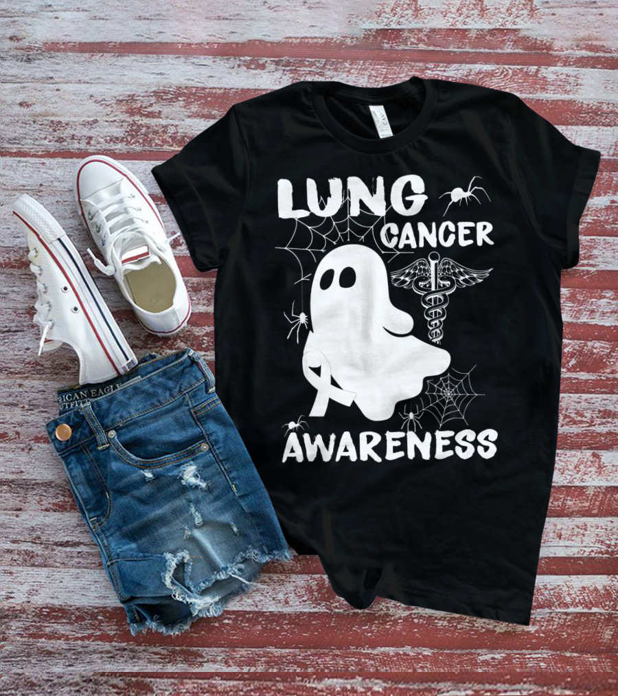 Lung Cancer Awareness Boo Ghost With Spider Webs And Spider T-Shirt