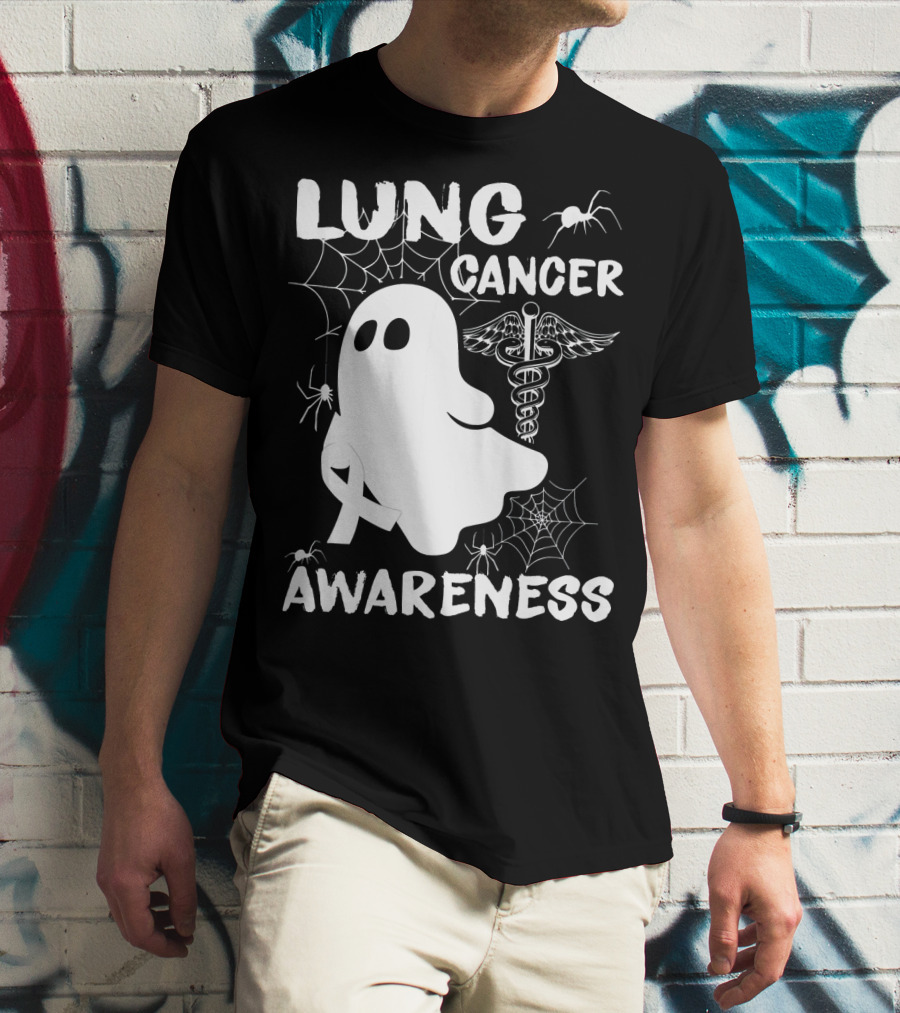 Lung Cancer Awareness Boo Ghost With Spider Webs And Spider T-Shirt