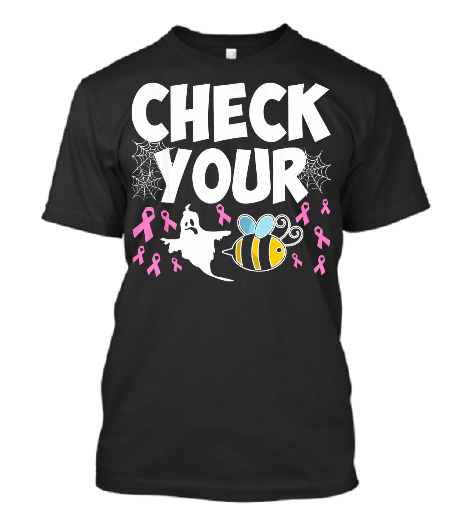 CHECK YOUR BOO BEES Breast Cancer Awareness Halloween Ghost And Bee With Ribbons T-Shirt