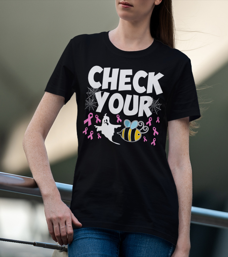 CHECK YOUR BOO BEES Breast Cancer Awareness Halloween Ghost And Bee With Ribbons T-Shirt