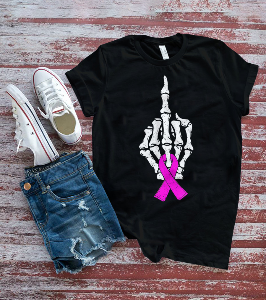 Breast Cancer Skeleton Middle Finger Pink Ribbon Awareness T-Shirt