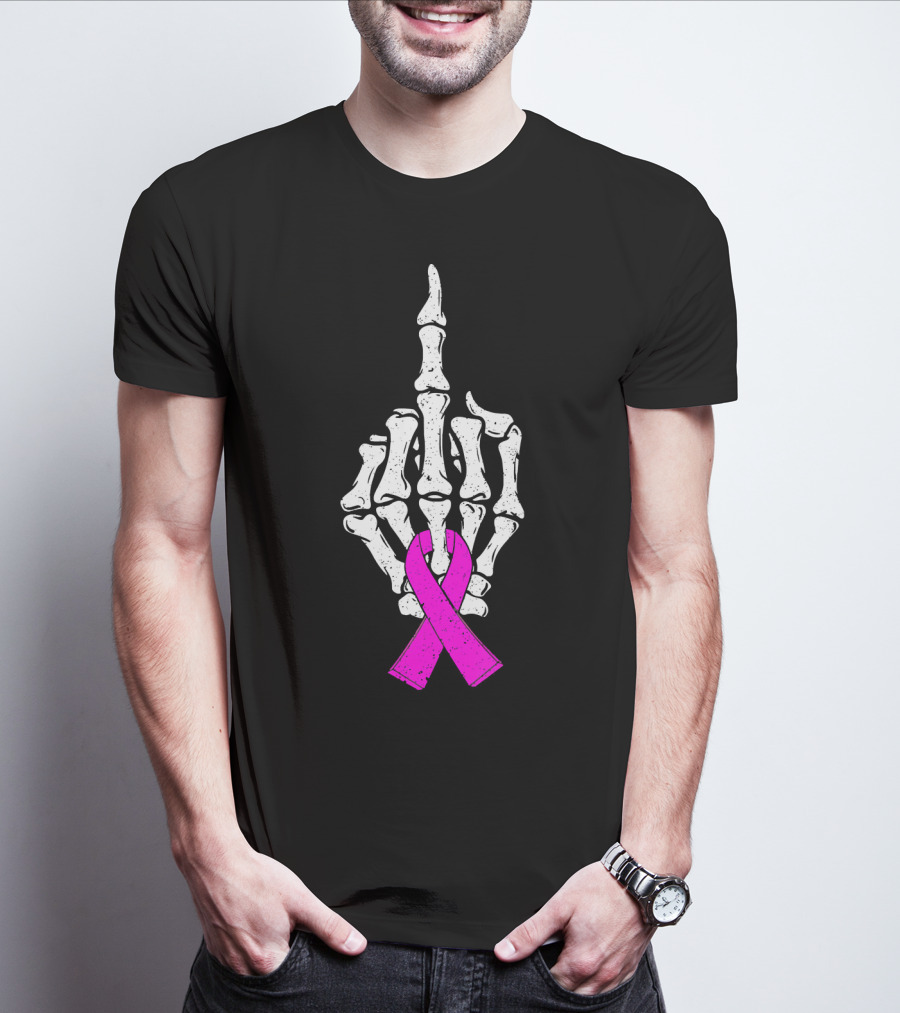 Breast Cancer Skeleton Middle Finger Pink Ribbon Awareness T-Shirt