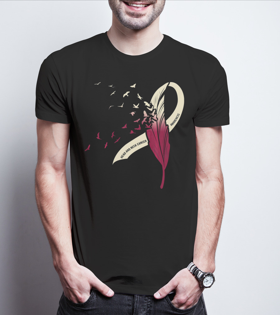 Head And Neck Cancer Awareness Feather Ribbon With Birds T-Shirt