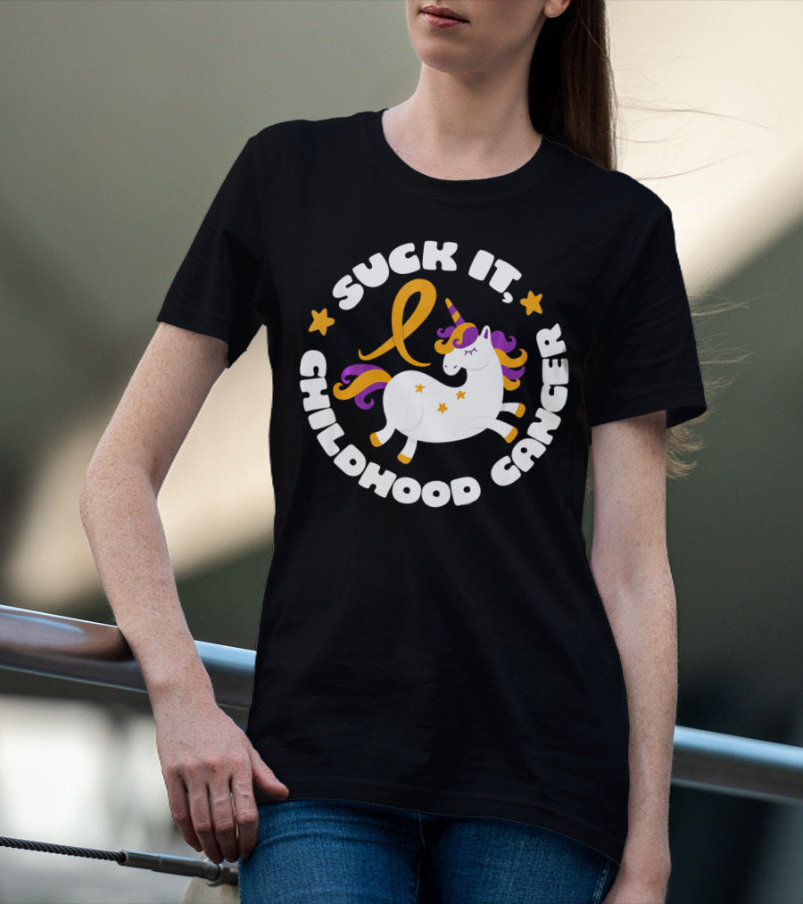 Suck It Childhood Cancer Unicorn Ribbon Fighter T-Shirt