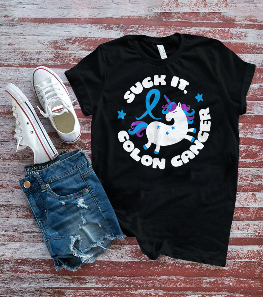 Colon Cancer Awareness Unicorn Suck It Fun T-Shirt