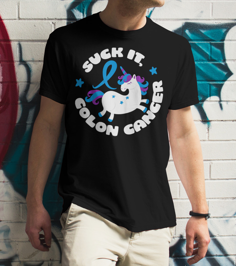 Colon Cancer Awareness Unicorn Suck It Fun T-Shirt