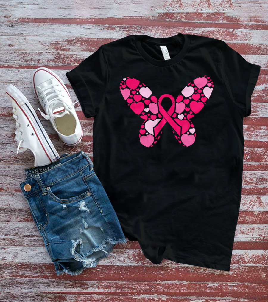 Pink Ribbon Hearts Butterfly Breast Cancer Awareness T-Shirt