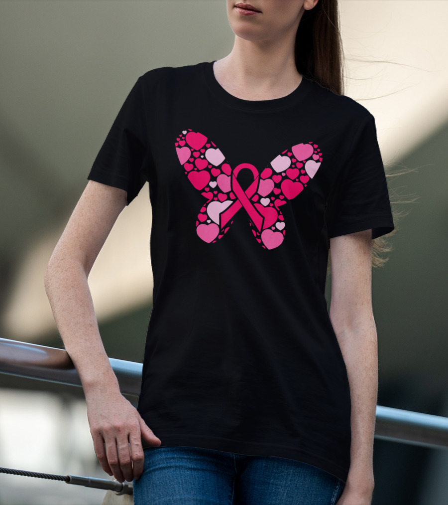 Pink Ribbon Hearts Butterfly Breast Cancer Awareness T-Shirt