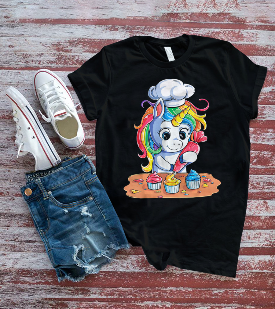 Unicorn Rainbow Chef Decorating Cupcakes Girls Magic T-Shirt
