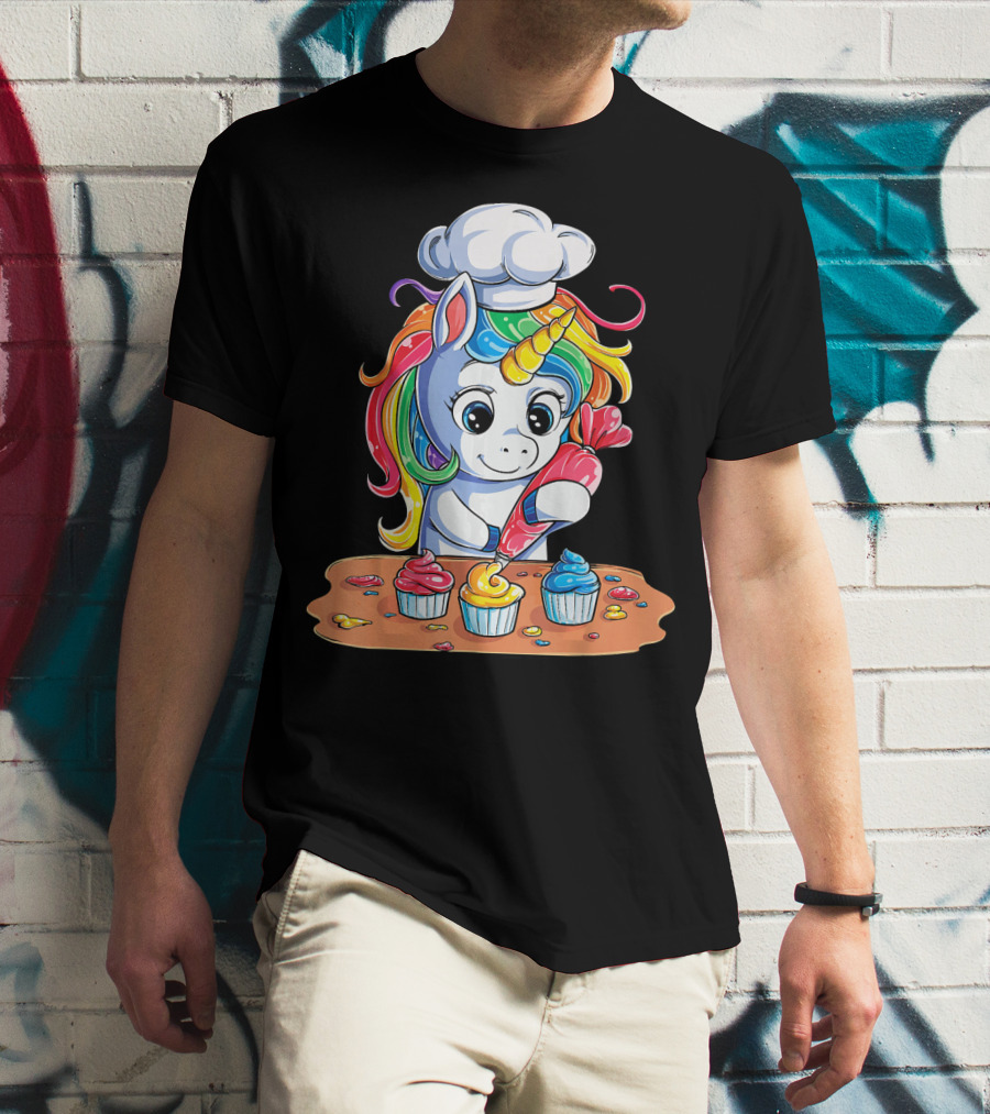 Unicorn Rainbow Chef Decorating Cupcakes Girls Magic T-Shirt