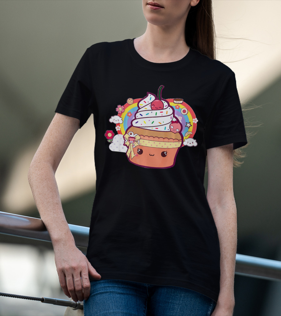 Funny Kawaii Chibi Cupcake With Rainbow And Cute Food Elements T-Shirt