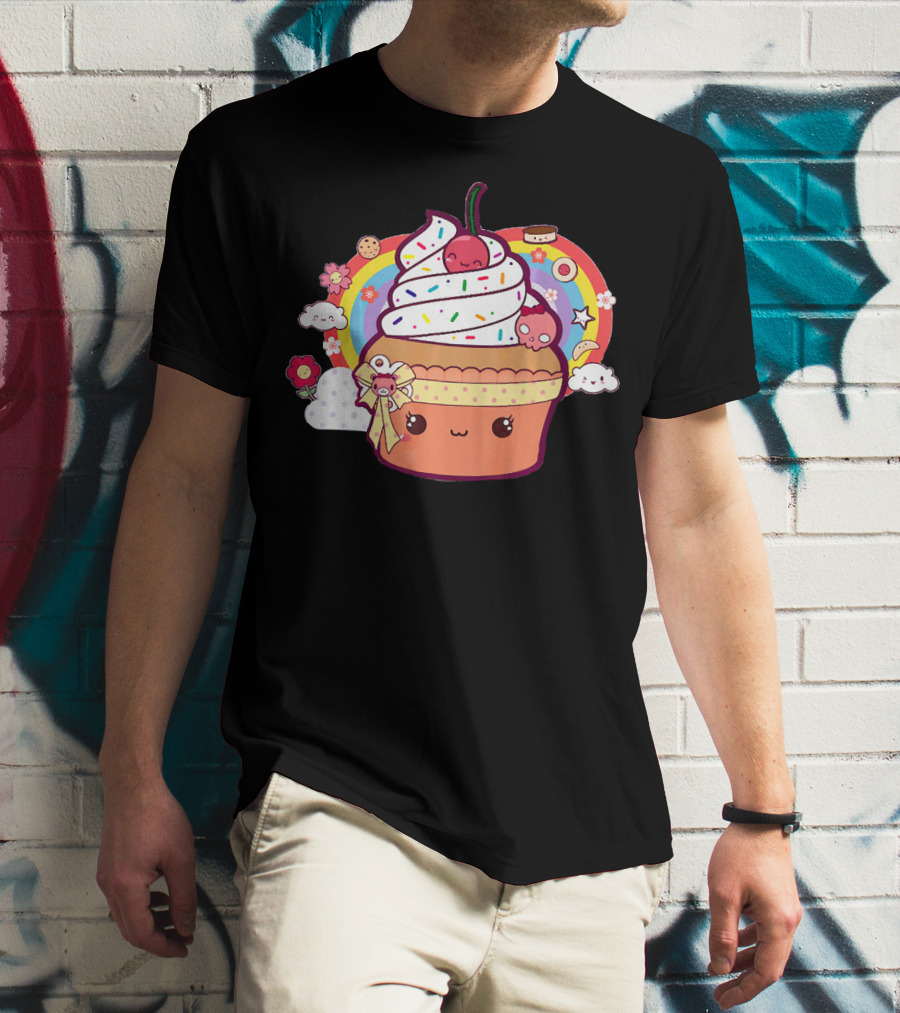 Funny Kawaii Chibi Cupcake With Rainbow And Cute Food Elements T-Shirt