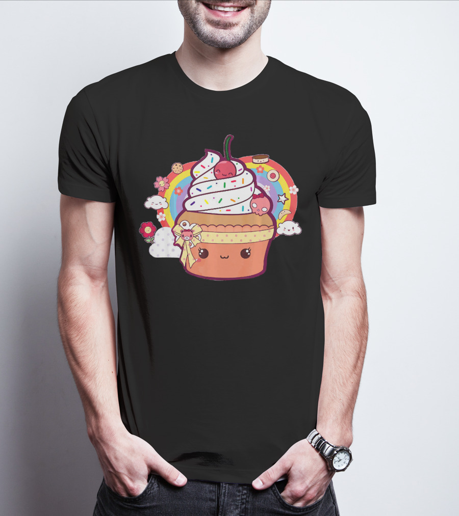 Funny Kawaii Chibi Cupcake With Rainbow And Cute Food Elements T-Shirt
