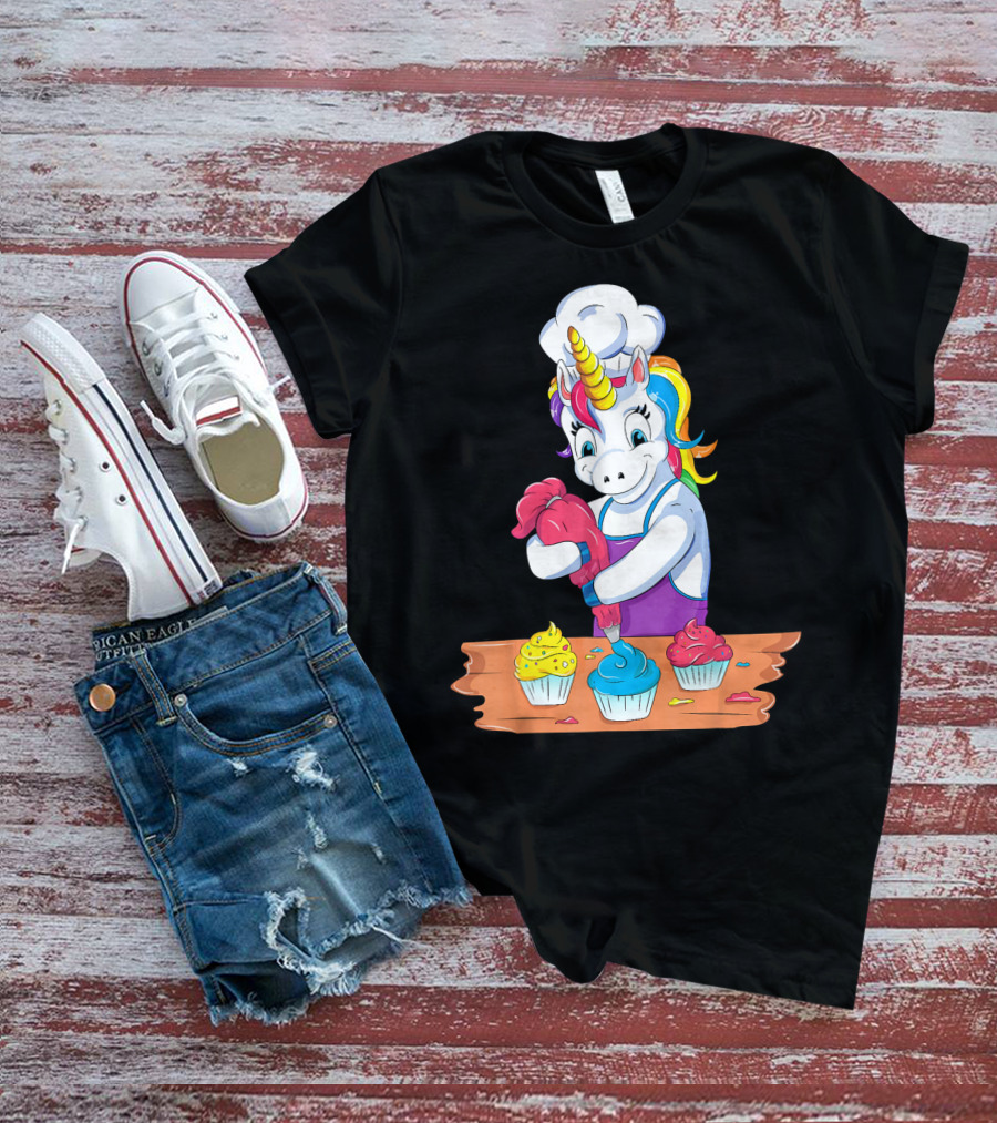 Unicorn Baking Colorful Cupcake Creations Chef T-Shirt