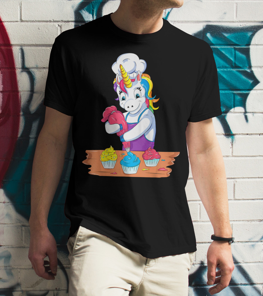 Unicorn Baking Colorful Cupcake Creations Chef T-Shirt