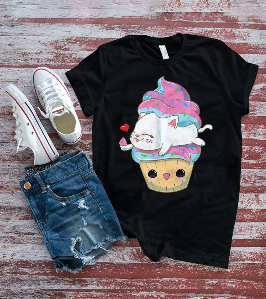 Cute Kawaii Cat On Pastel Sprinkles Cupcake With Heart Balloon T-Shirt