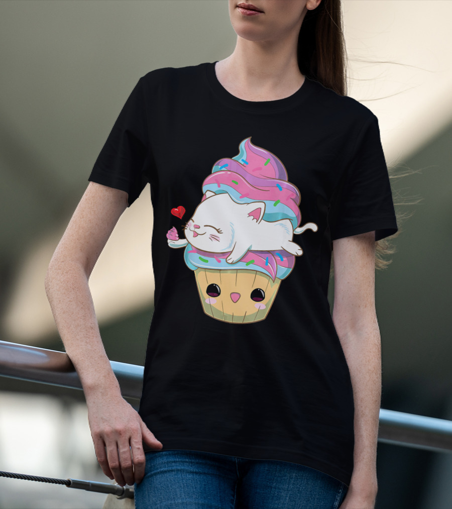 Cute Kawaii Cat On Pastel Sprinkles Cupcake With Heart Balloon T-Shirt