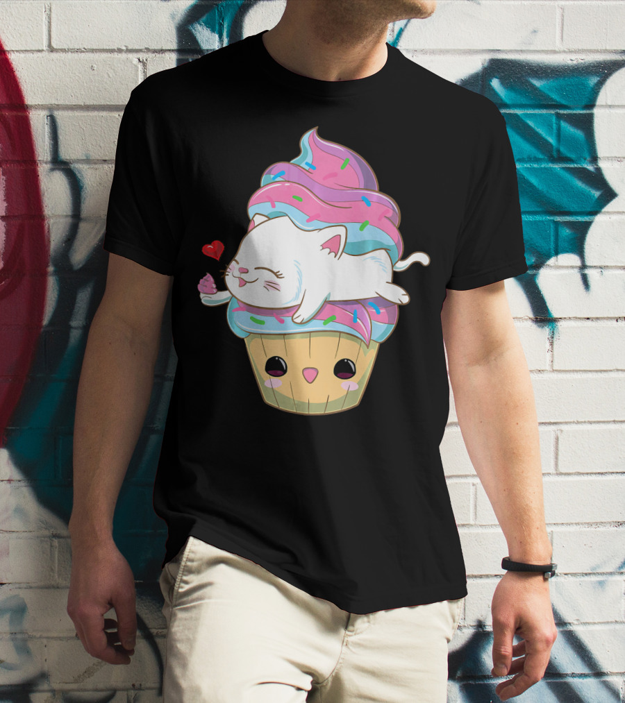 Cute Kawaii Cat On Pastel Sprinkles Cupcake With Heart Balloon T-Shirt