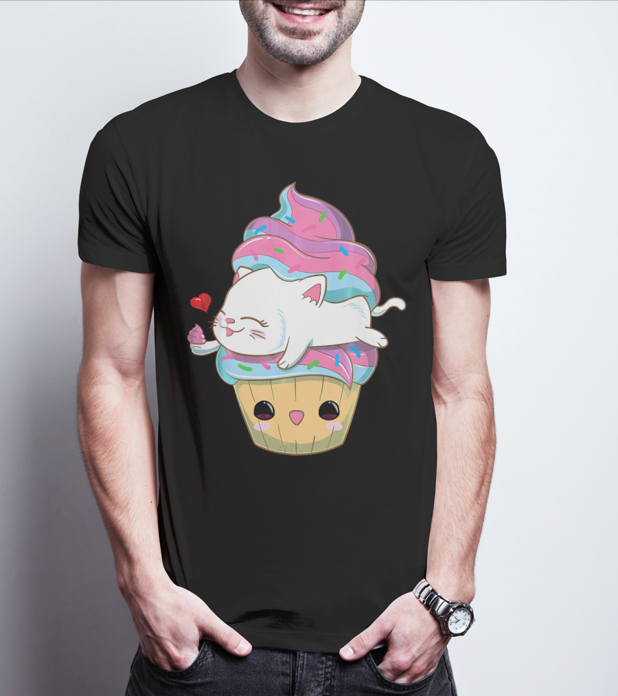 Cute Kawaii Cat On Pastel Sprinkles Cupcake With Heart Balloon T-Shirt
