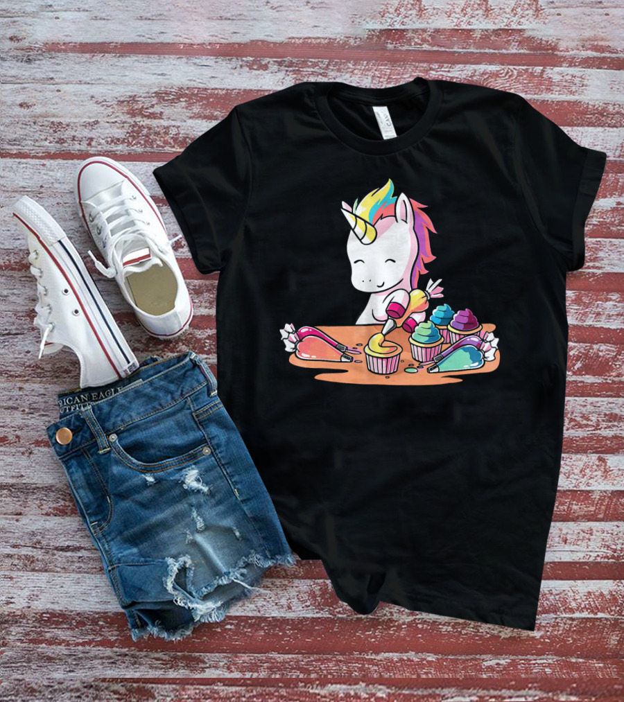 Unicorn Decorating Colorful Cupcakes With Rainbow Frosting T-Shirt