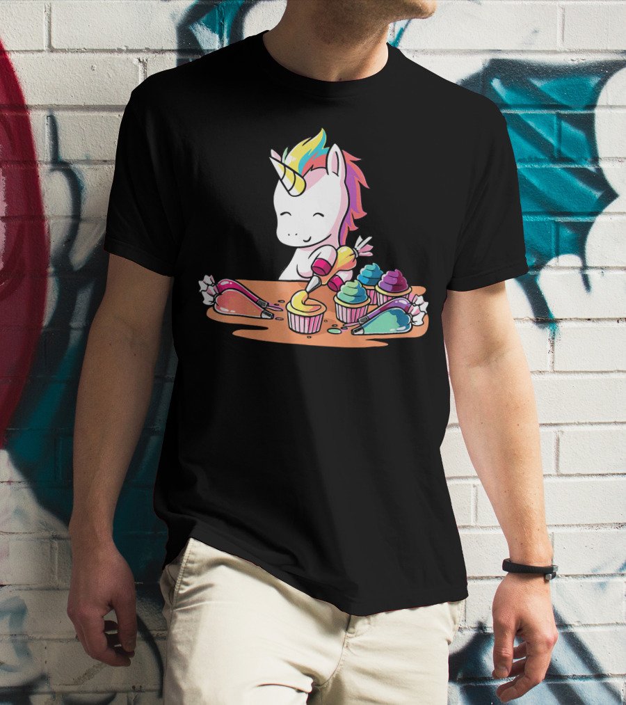 Unicorn Decorating Colorful Cupcakes With Rainbow Frosting T-Shirt