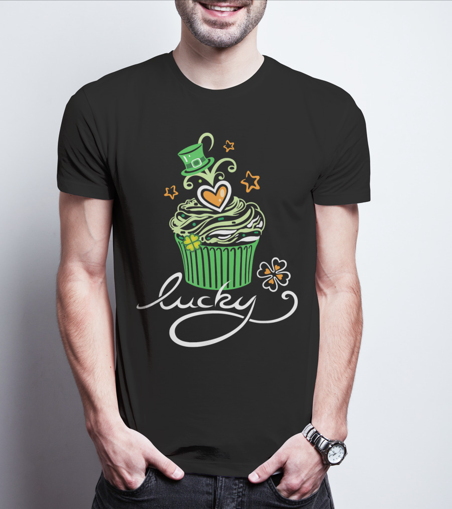 Lucky Green Cupcake With St Patrick's Day Hat And Shamrock T-Shirt