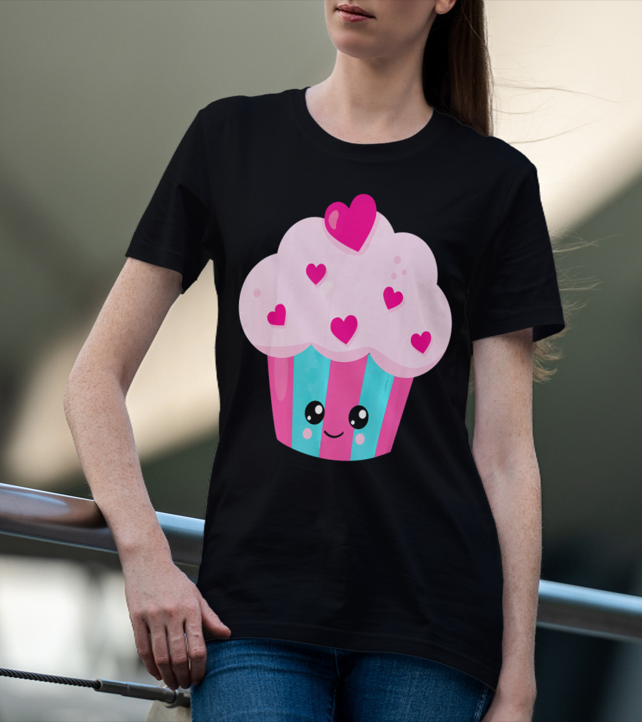 Kawaii Pink Hearts Cupcake With Cute Happy Face T-Shirt