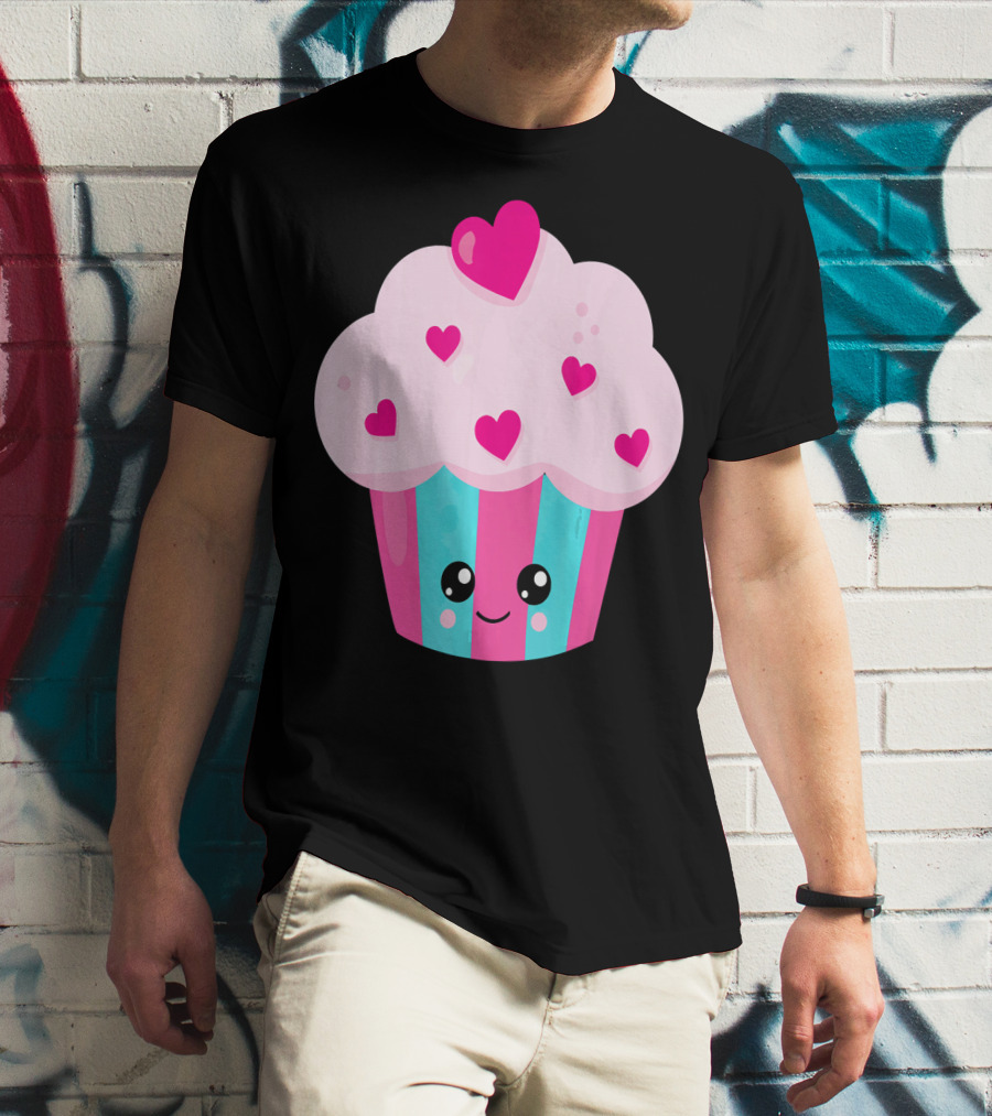 Kawaii Pink Hearts Cupcake With Cute Happy Face T-Shirt