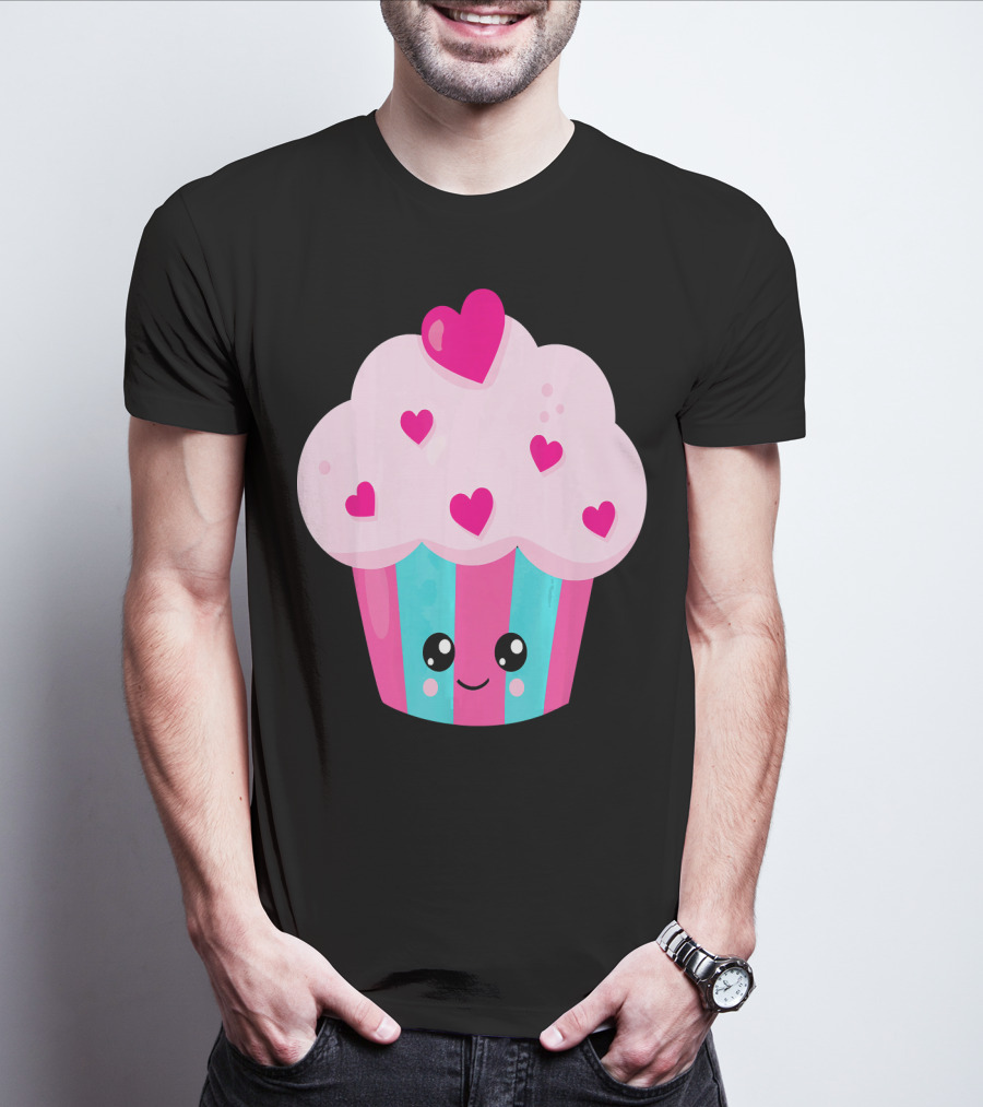 Kawaii Pink Hearts Cupcake With Cute Happy Face T-Shirt