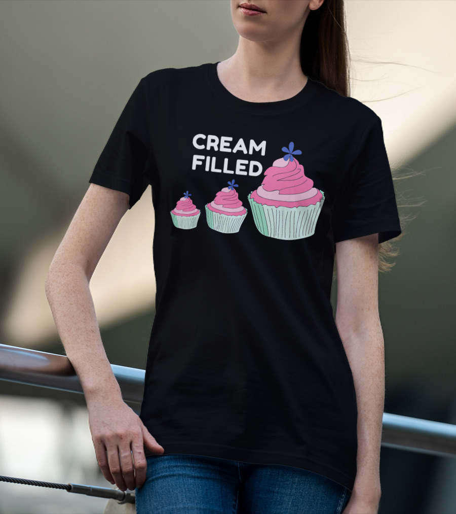 CREAM FILLED Cupcake Lover Trio With Pink Frosting And Blue Flower T-Shirt