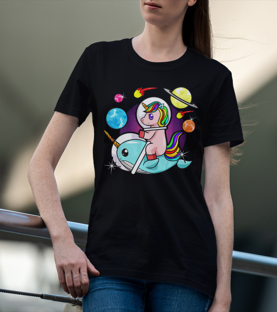 Unicorn Riding Narwhal Space Adventure With Planets And Astronaut Helmet T-Shirt