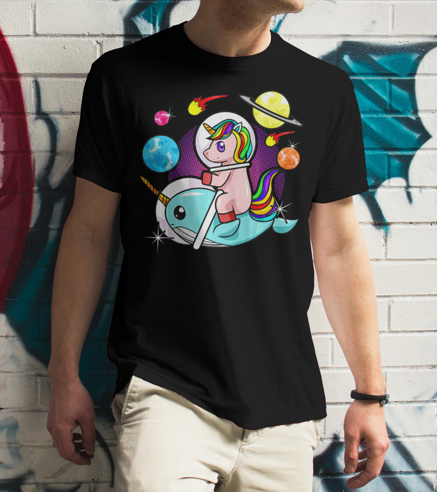 Unicorn Riding Narwhal Space Adventure With Planets And Astronaut Helmet T-Shirt