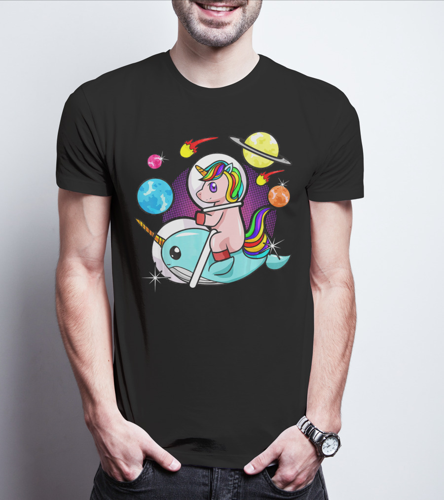 Unicorn Riding Narwhal Space Adventure With Planets And Astronaut Helmet T-Shirt