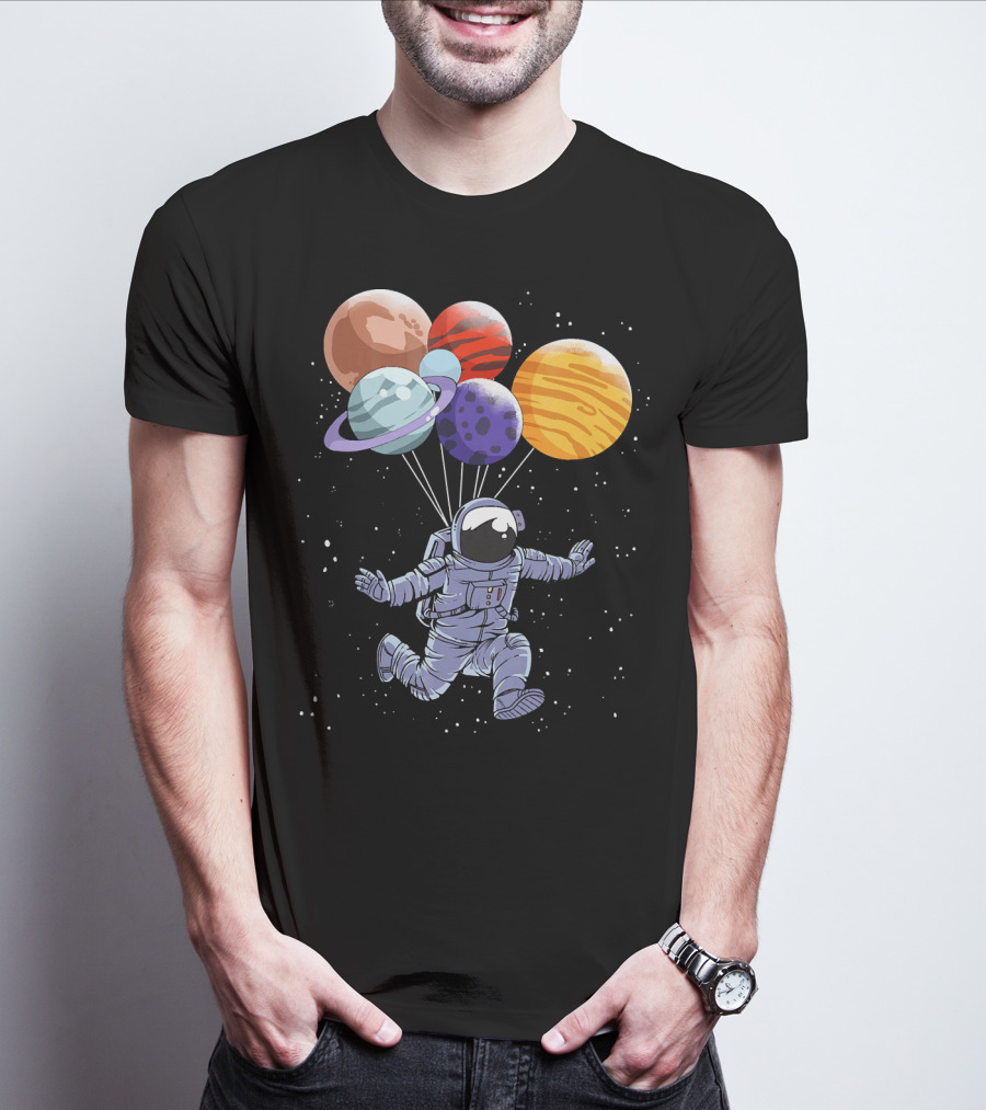 Astronaut Floating With Planet Balloons In Space Boys T-Shirt
