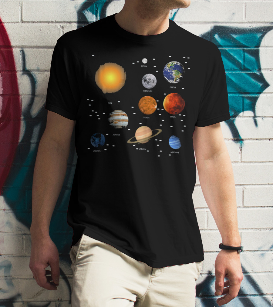 Sun Moon Mercury Venus Earth Mars Jupiter Saturn Uranus Neptune Our Solar System Science Education T-Shirt
