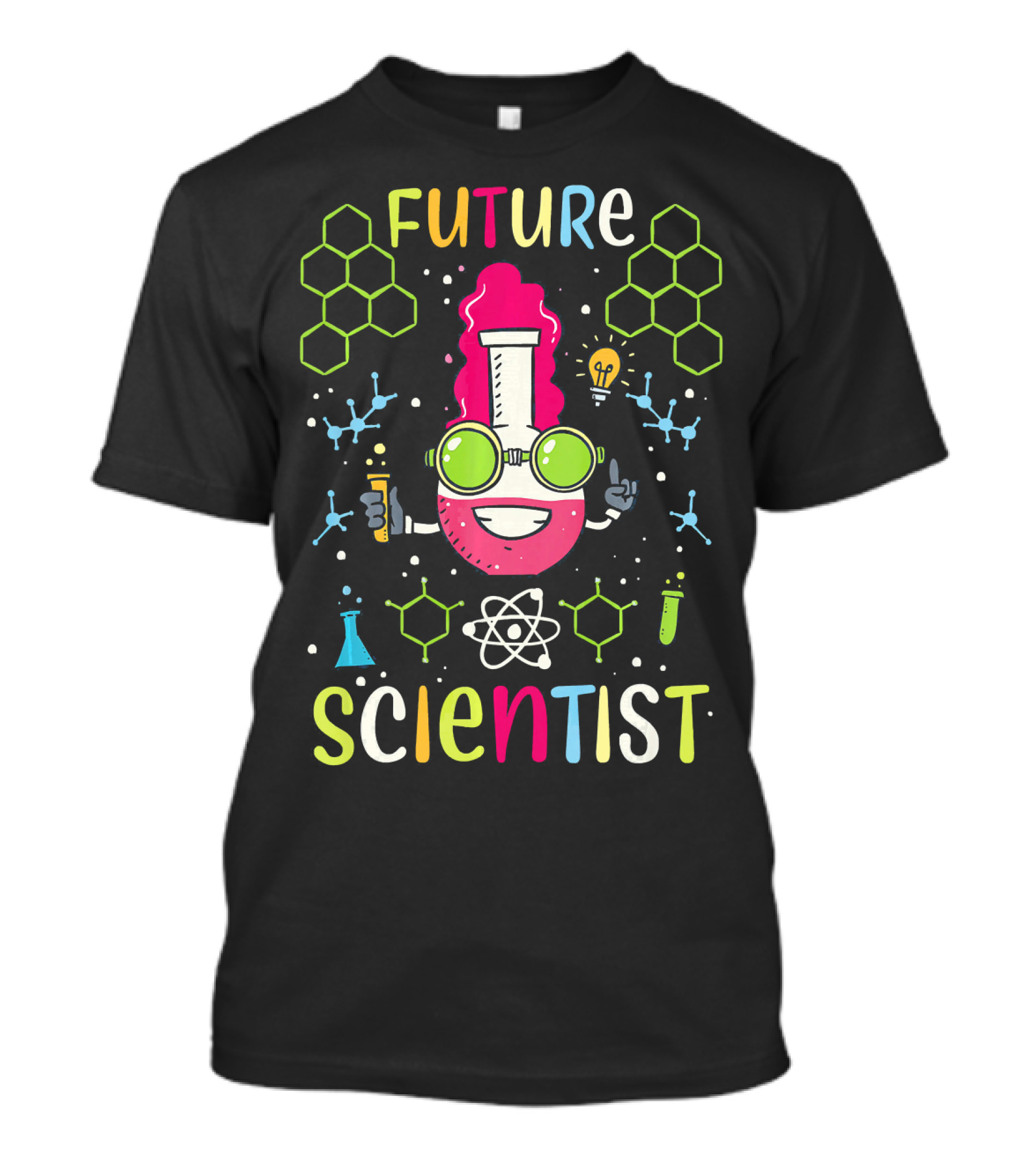 Future Scientist Junior Kids Science Beaker Atom Molecule Hexagon Lab Lightbulb T-Shirt