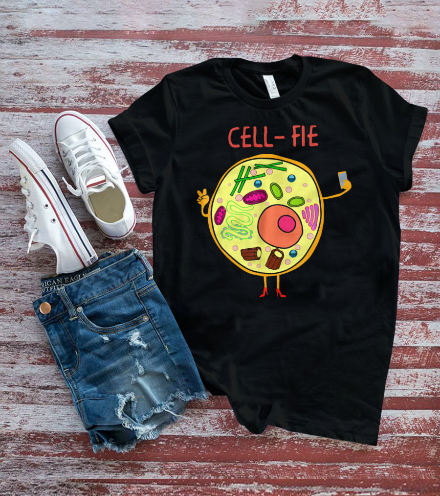 Cell-Fie Funny Science Tee Featuring Cartoon Cell Taking Selfie T-Shirt