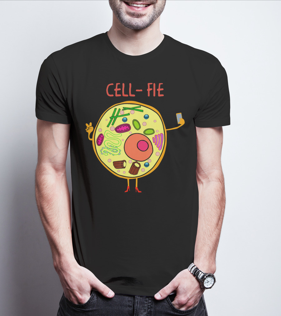 Cell-Fie Funny Science Tee Featuring Cartoon Cell Taking Selfie T-Shirt