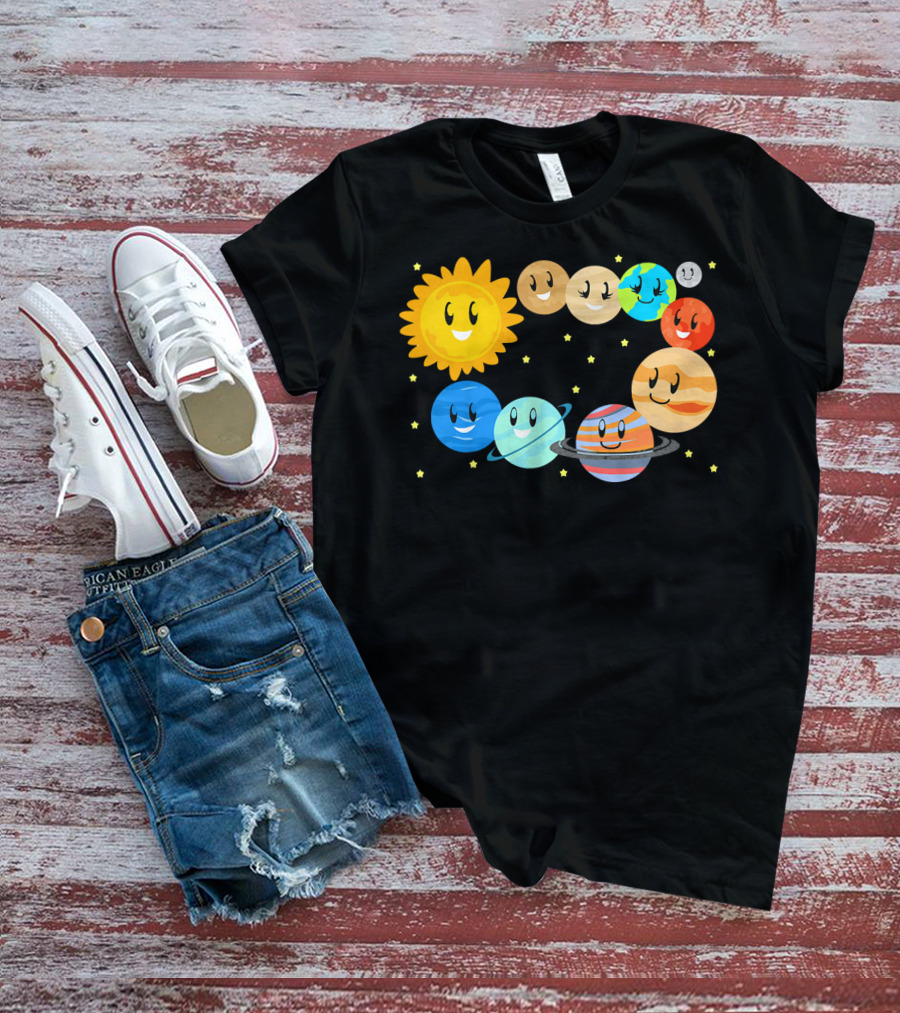 Kids Solar System Science Planets Learning Smiling Sun And Stars T-Shirt