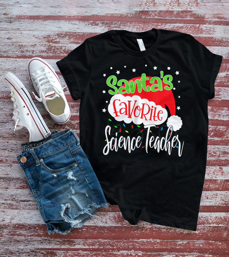 Santa's Favorite Science Teacher Christmas Hat Lights T-Shirt
