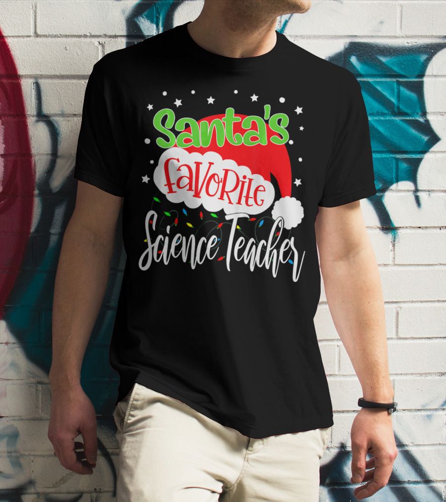 Santa's Favorite Science Teacher Christmas Hat Lights T-Shirt