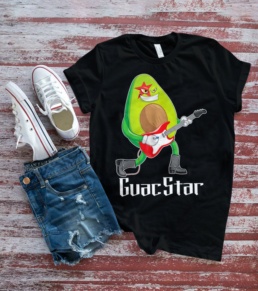 Guac Star Avocado Rock Star Playing Guitar With Red Boots T-Shirt