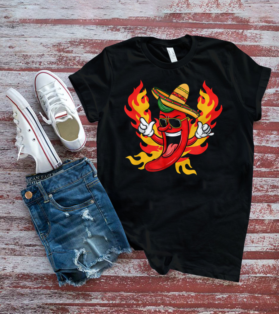 Cool Peppers Hot And Spicy Chili Flame Sombrero Party T-Shirt