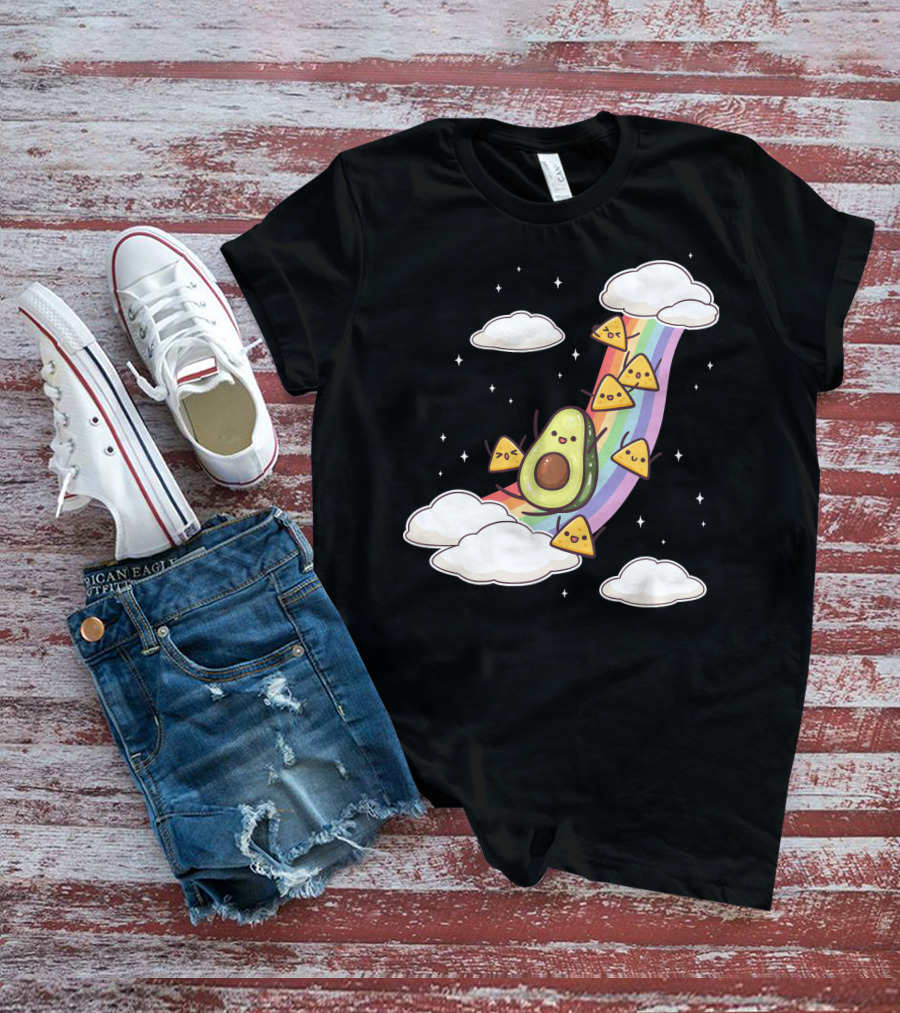 Avocado Nachos Riding A Rainbow With Clouds And Stars Guacamole Fun T-Shirt