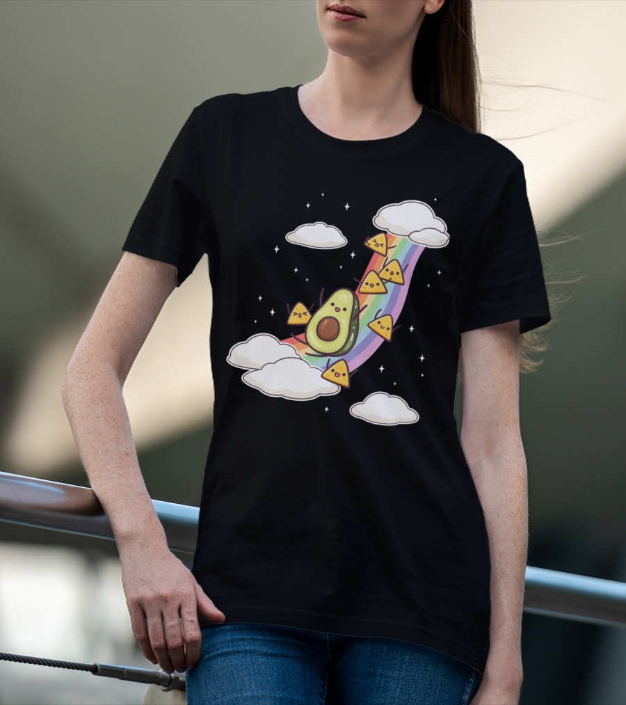 Avocado Nachos Riding A Rainbow With Clouds And Stars Guacamole Fun T-Shirt