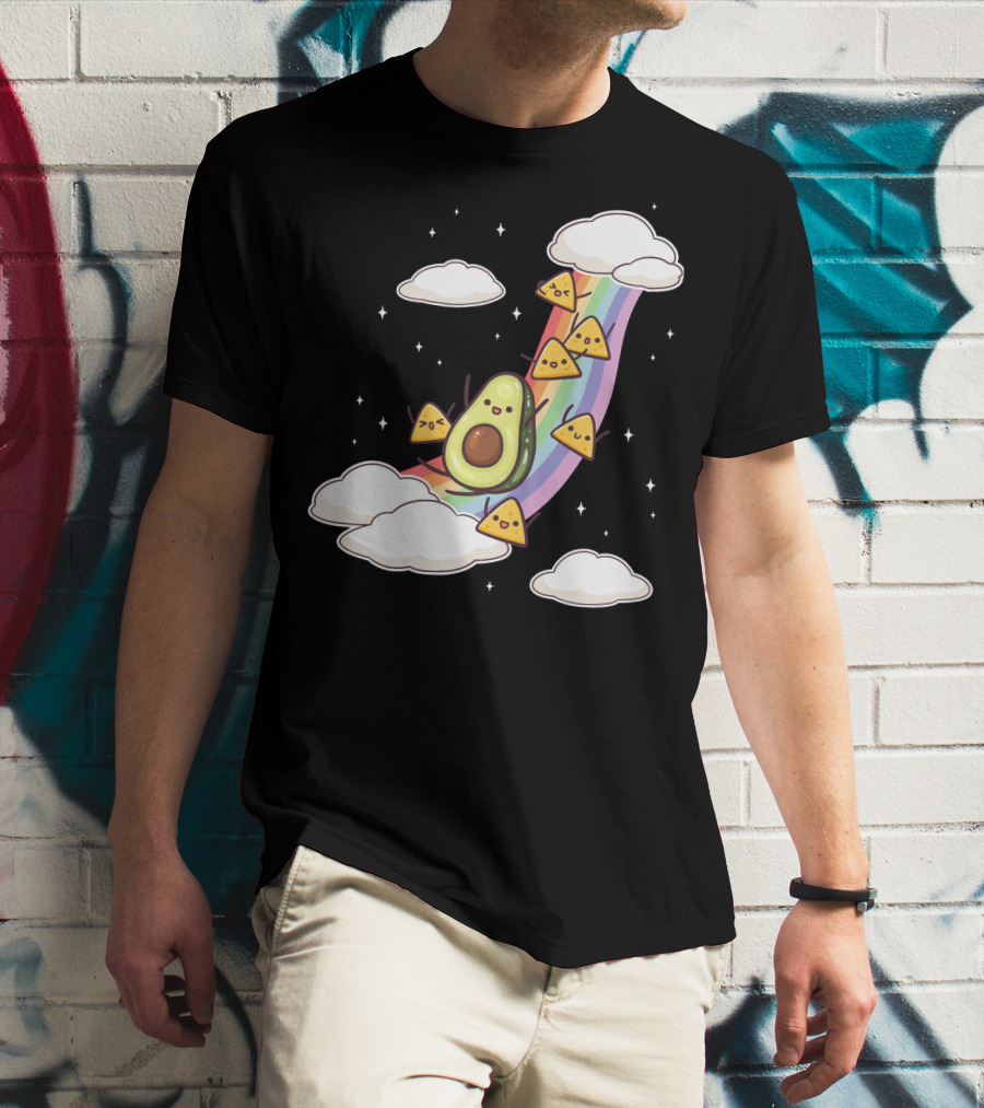 Avocado Nachos Riding A Rainbow With Clouds And Stars Guacamole Fun T-Shirt