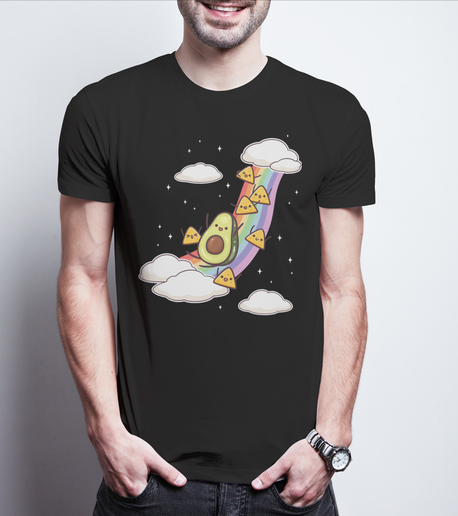 Avocado Nachos Riding A Rainbow With Clouds And Stars Guacamole Fun T-Shirt