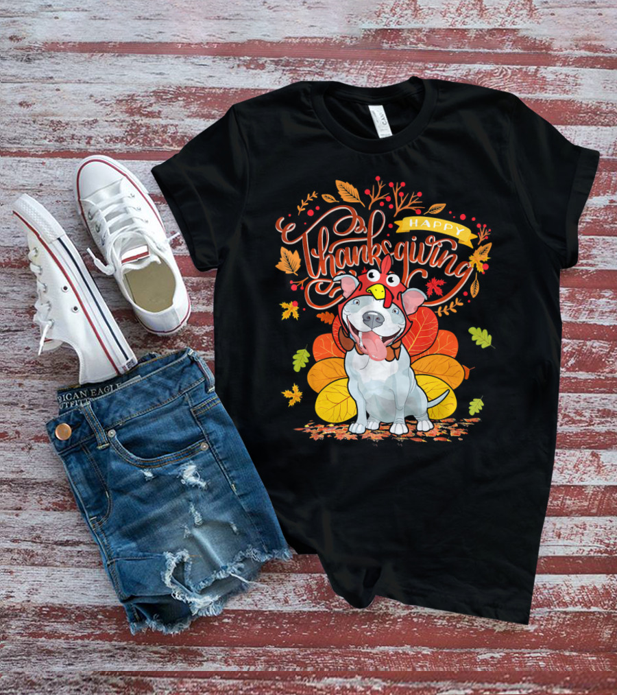 Happy Thanksgiving Pit Bull Wearing Turkey Hat Autumn Leaves T-Shirt