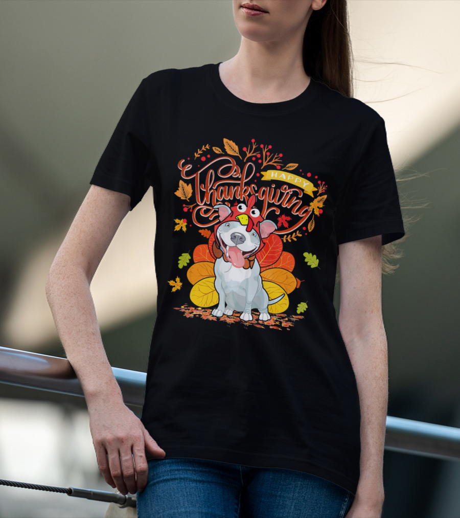 Happy Thanksgiving Pit Bull Wearing Turkey Hat Autumn Leaves T-Shirt
