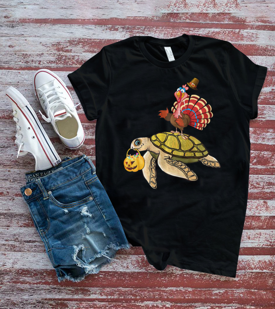 Turkey Riding Turtle Pumpkin Funny Sea Thanksgiving Halloween Fusion T-Shirt